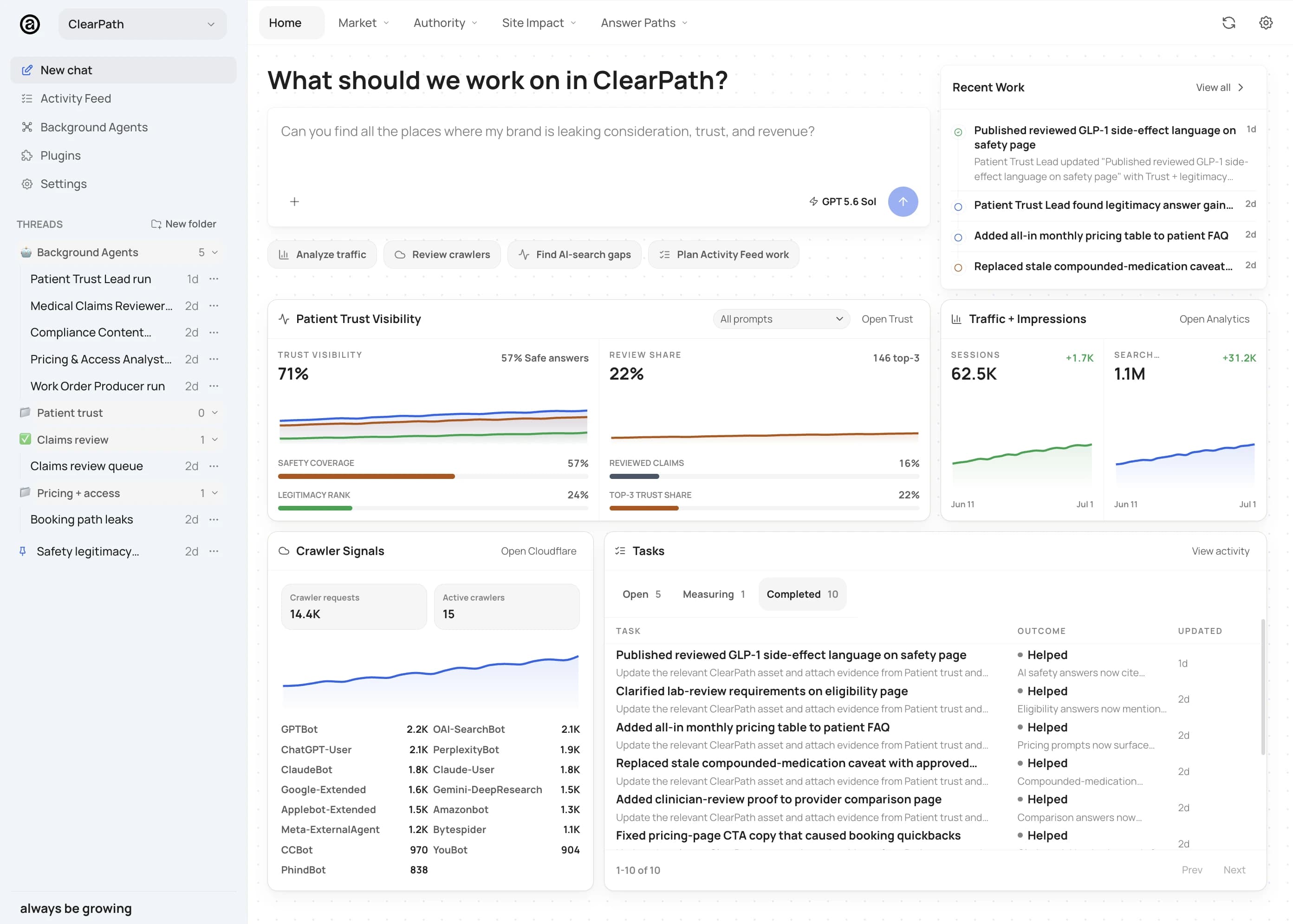 Attune workspace for a healthcare brand showing patient trust visibility, safe-answer coverage, claims review, and prioritized compliance work